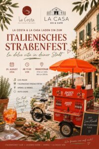 Italienisches Straßenfest am 29.08.2026 ab 17.00 Uhr in der Freiheitstraße.